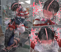 2girls absurdres armbinder arms_behind_back ball_gag black_hair blindfold blue_one-piece_swimsuit blush bound bound_legs bound_toes breasts chair collar commentary_request crying egg_vibrator gag gag_harness gagged grey_neckerchief gym_storeroom highres indoors kneeling long_hair multiple_girls neckerchief nipple_stimulation on_chair on_floor one-piece_swimsuit original panties pantyhose pleated_skirt ponytail pussy_juice sailor_collar school_uniform serafuku sex_toy shibari shibari_over_clothes shirt short_sleeves skindentation skirt small_breasts sweat swimsuit tears tosourena twintails underwear vibrator vibrator_on_nipple white_panties white_pantyhose white_shirt wiffle_gag