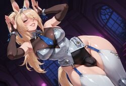 1futa ai_generated animal_ears arms_up artist_name blonde_hair blue_necktie blush breasts bridal_gauntlets bulge covered_penis futanari futarush garter_straps green_eyes grin hair_over_one_eye horse_ears horse_futa horse_tail hoyoverse indoors jewelry large_breasts leotard long_hair looking_at_viewer necktie patreon patreon_username ponytail rabbit_pose sigrid_(zenless_zone_zero) sigrid_de_l'azur smile solo sultryspark tail teeth testicles thighhighs tiara white_thighhighs window zenless_zone_zero zzz
