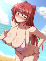 1girl :3 absurdres bare_arms beach bikini blue_sky blush breasts brown_eyes cleavage closed_mouth cloud collarbone commentary_request covered_erect_nipples day hand_on_own_hip highres horizon huge_breasts kousaka_tamaki large_breasts long_hair looking_at_viewer navel ocean outdoors pink_bikini red_hair sidelocks sky smile solo standing steam_erobou swimsuit to_heart to_heart_(series)