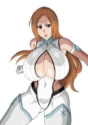 1girl adapted_costume bare_shoulders bleach bleach:_sennen_kessen-hen bodysuit breasts brown_eyes cleavage cleavage_cutout clothing_cutout collarbone curvy elbow_gloves female_focus gloves hair_ornament hairclip highres impossible_bodysuit impossible_clothes inoue_orihime iwao178 large_breasts lips long_hair looking_at_viewer open_mouth orange_hair revealing_clothes simple_background skin_tight sweat taimanin_(series) taimanin_asagi taimanin_suit white_background white_bodysuit wide_hips