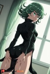 1girl ai_generated artist_name ass back backlighting black_dress breasts closed_mouth collared_dress cowboy_shot curly_hair curtains day dress dutch_angle flipped_hair from_behind from_below frown grabbing_own_ass green_dress green_eyes green_hair hexogen indoors long_sleeves looking_at_viewer looking_back medium_breasts no_panties one-punch_man parted_lips patreon_logo patreon_username pelvic_curtain petite shiny_skin short_hair side_slit small_breasts solo standing sunlight tatsumaki thighs watermark wind window