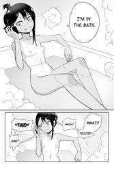 1girls areolae bathroom bathtub black_hair blush breasts comic english_text female_focus hayase_nagatoro laying_down long_hair monochrome naoto_hachioji_(senpai) nipples nude phone please_don't_bully_me,_nagatoro simple_background small_breasts smile szmitten tanline tanned text white_background