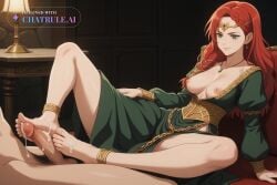 1girl 1man ai_assisted ai_generated anklets barefoot braid circlet coat cum_on_feet cum_shot earrings erect_penis exposed_navel faceless_man foot_fetish footjob ganassa green_dress green_eyes hera highres long_hair long_sleeves naked_man necklace perfect_anatomy perky_breasts pubic_hair puffy_sleeves red_hair saggy_breasts shiny_skin side_slit single_glove sitting source_anime unzipped_pants