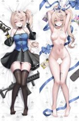 1girl absurdres animal_ear_hairband animal_ears armpits arms_up ass_visible_through_thighs assault_rifle bare_shoulders barefoot black_gloves black_shirt black_skirt black_thighhighs blonde_hair blue_eyes blush bound bound_arms breasts censored censored_nipples commentary_request completely_nude dakimakura_(medium) detached_sleeves elbow_gloves fake_animal_ears feet girls'_frontline girls'_frontline_2:_exilium gloves groin gun hair_between_eyes hairband highres lilac_(k32420276) long_hair lying multiple_views no_shoes nude on_back one_eye_closed open_mouth rabbit_ear_hairband rabbit_ears rifle robinson_armaments_xcr sharkry_(girls'_frontline_2) shirt side_ponytail skirt thigh_gap thighhighs weapon white_hairband