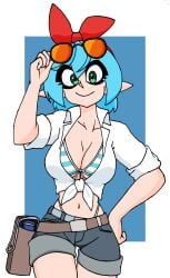 blue_hair elf elf_ears elf_girl green_eyes keisha_callie keisha_callie_vt open_shirt striped_bikini sunglasses sunglasses_on_head white_shirt