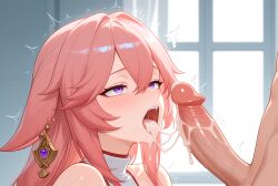 1boy 1girls after_blowjob after_oral ai_generated blush clothed clothed_female clothed_female_nude_male cum_in_mouth cum_on_penis cum_on_tongue cum_strings earrings fox_ears fox_girl genshin_impact indoors long_hair naked naked_female nude nude_male penis pink_hair purple_eyes yae_miko