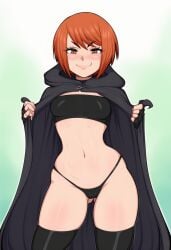 abs ai_generated bandeau black_bandeau black_boots black_cloak black_panties black_thighhighs blush body boots cloak female fit_female open_cloak orange_eyes red_hair seductive_smile short_hair smiling smug solo thighhighs toned_female