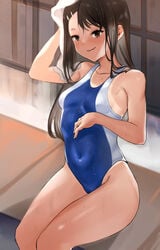 1girls black_hair breasts brown_eyes clothed clothing female_focus female_only hayase_nagatoro long_hair looking_at_viewer navel please_don't_bully_me,_nagatoro raeran revealing_clothes simple_background sitting small_breasts smile solo swimsuit tanline tanned weat