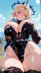 1girl 1girls absurd_res absurdres ai_generated ass bare_shoulders big_ass big_breasts black_gloves black_leotard black_thighhighs blonde_hair blue_eyes blue_hair blue_sky blush breasts cameltoe cleavage closed_mouth cloud covered_navel day elbow_gloves elf female female_focus fleurdelys_(wuthering_waves) from_below gloves grabbing_own_breast groin halo hi_res high_quality high_resolution highleg highleg_leotard highres huge_breasts lace_trim large_ass large_breasts leotard lips long_hair looking_at_viewer looking_down multicolored_hair nekromant one_eye_closed outdoors parted_bangs pointy_ears sky smile solo solo_focus straight sun thick_thighs thighhighs thighs very_long_hair video_game video_game_character video_games wide_hips wuthering_waves