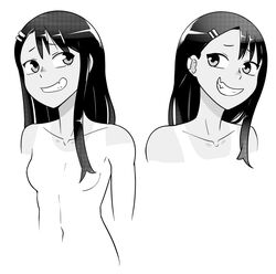 1girls black_hair breasts cleavage earrings female_focus female_only hayase_nagatoro long_hair monochrome navel nervous please_don't_bully_me,_nagatoro pose simple_background skinny small_breasts smile solo szmitten tanline tanned white_background