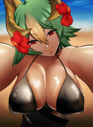 1girls alternate_costume beach black_swimsuit cleavage covered_nipples fire_emblem fire_emblem_heroes green_hair hair_flower hug huge_breasts laegjarn_(fire_emblem) laegjarn_(summer)_(fire_emblem) looking_at_viewer male_pov multicolored_hair nintendo nipple_bulge ocean okaimikey one-piece_swimsuit pov pov_eye_contact pov_hug red_eyes seaside smile swimsuit