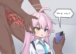 1boy 1girls ahoge blood blue_archive blue_eyes brain_fuck brain_matter breasts corpse dark-skinned_male death empty_eyes english_text gore guro halo heterochromia hoshino_(blue_archive) ju_ge long_hair long_sleeves murder necktie necrophilia nipples open_mouth pink_hair pink_halo sex shirt skirt skull_fucking snuff tongue_out very_long_hair white_shirt yellow_eyes
