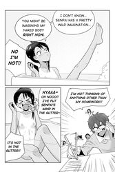 1boy 1girls areolae bathroom bathtub black_hair blush breasts clothed clothing comic english_text glasses hayase_nagatoro laying_down long_hair monochrome naoto_hachioji_(senpai) nipples nude phone please_don't_bully_me,_nagatoro short_hair simple_background small_breasts smile szmitten tanline tanned text white_background