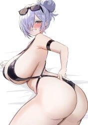 1girl absurdres adjusting_clothes adjusting_swimsuit arm_strap ass black-framed_eyewear black_slingshot_swimsuit blush breasts bright_pupils cinderella_(crystal_wave)_(nikke) cinderella_(nikke) commentary_request eyewear_on_head goddess_of_victory:_nikke grey-tinted_eyewear hair_bun hair_over_one_eye highres large_breasts marumai o-ring_slingshot_swimsuit official_alternate_costume official_alternate_hairstyle one_eye_covered red_eyes slingshot_swimsuit smile solo sunglasses swimsuit tinted_eyewear white_pupils