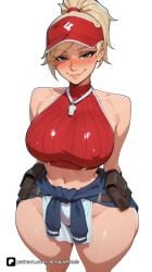 1girl ai_generated angela_ziegler arms_behind_back artist_name bare_shoulders belt_pouch blizzard_entertainment blonde_hair blue_eyes blush breasts clothes_around_waist covered_nipples crop_top curvy hat jacket_around_waist large_breasts lifeguard_mercy looking_at_viewer mercy midriff navel overwatch overwatch_2 patreon ponytail pouch questionable red_headwear red_sweater senpai_pixels short_hair simple_background sleeveless smile solo sweat sweater sweater_around_waist tan thick_thighs thighs visor_cap whistle white_background wide_hips