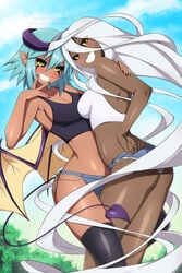 ass ass_grab breast_press breast_squeeze breasts dark-skinned_female demon_girl demon_tail demon_wings doppel_(monster_musume) horns lilith_(monster_musume) lindaroze monster_girl monster_musume_no_iru_nichijou purple_hair shorts smiling smug tank_top white_hair yellow_eyes yuri