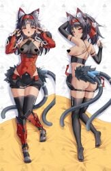 1girl absurdres animal_ear_fluff animal_ears ass ass_visible_through_thighs back black_hair black_thighhighs breasts censored censored_nipples collarbone commentary_request covered_navel dakimakura_(medium) detached_sleeves dokimaru highres leotard long_hair lying mechanical_boots medium_breasts multiple_tails multiple_views nekomiya_mana on_back on_stomach open_mouth paw_pose red_eyes shorts sideboob skin_tight skindentation tail teeth thigh_gap thighhighs tongue zenless_zone_zero zettai_ryouiki