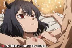 1boy 1girl ai ai_art ai_generated armpits black_hair black_horns boy_on_top breasts closed_mouth completely_nude demon_girl demon_horns fate_(series) frown hetero horns lying medium_breasts medium_hair mosaic_censoring nipples nude on_back on_bed paizuri penis red_eyes short_hair solo_focus straddling_paizuri uncensored