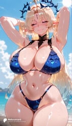 1girl 1girls absurd_res absurdres ahoge ai_generated armpits arms_behind_head arms_up ass bare_shoulders beach big_ass big_breasts bikini blonde_hair blue_bikini blue_eyes blue_hair blue_sky blurry blurry_background blush breasts cleavage closed_mouth cloud cowboy_shot curvy day elf facial_mark female female_focus fleurdelys_(wuthering_waves) forehead_jewel forehead_mark gradient_hair half_closed_eyes halo hi_res high_quality high_resolution highleg highleg_bikini highres huge_breasts large_ass large_breasts long_hair looking_at_viewer multicolored_hair narrow_waist navel nekromant o-ring o_ring_bikini ocean outdoors parted_bangs pointy_ears sideboob skindentation sky smile solo solo_focus standing stomach straight sun sweat swimsuit thick_thighs thighs very_long_hair video_game video_game_character video_games water wet wide_hips wuthering_waves