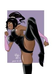 1girl ass black_leotard bleach breasts dated highleg highleg_leotard highres kicking large_breasts leotard long_hair looking_at_viewer ponytail shihouin_yoruichi sideboob smile thighhighs