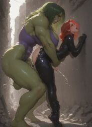 1femboy 1futa ai_generated black_bodysuit black_widow_(marvel) blush bodysuit breasts bubble_butt clenched_teeth cum cum_in_ass cum_inside cum_while_penetrated dickgirl ejaculation ejaculation_while_penetrated femboy feminine_male futa_on_femboy futa_on_male futadom futanari genderbend genderswap green_hair green_skin hannai hip_grab large_breasts large_penis leotard male malesub marvel moaning muscular muscular_futa otoko_no_ko penis penis_size_difference red_hair ripped_bodysuit ripped_clothing sex_from_behind she-hulk side_view size_difference small_penis standing standing_doggy_style standing_sex testicles thick_thighs tiptoes trap