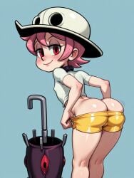 ai_generated arched_back ass ass_cleavage ass_crack ass_up butt_cleavage butt_crack flat_chest hat lustful_gaze minishorts narrow_waist no_panties nose_blush petite pink_hair pulling_down_pants red_eyes round_ass short_hair skullgirls smile umbrella_(skullgirls) undressing viewed_from_behind white_shirt yellow_shorts