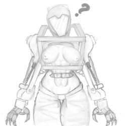 1girls 2022 ? anonymous_artist big_breasts breasts breasts_out female helmet hi_res loader_(risk_of_rain) monochrome risk_of_rain risk_of_rain_2 six_pack sketch sweatpants thighs