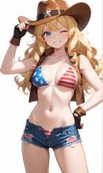 1girl abdomen ai_generated american_flag_bikini american_girl bikini blonde_female blonde_hair blue_eyes breasts caucasian_female cowboy_hat cowboy_vest curly_hair curvy_female curvy_figure denim_shorts determined_expression fingerless_gloves hand_on_hat hand_on_hip happy hips navel pixai smile smiling torn_shorts usa_bikini vest white_background wink winking_at_viewer