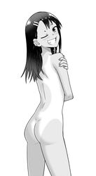 1girls ass black_hair blush earrings female_focus female_only hayase_nagatoro long_hair looking_back monochrome please_don't_bully_me,_nagatoro simple_background skinny small_ass smile solo standing szmitten tanline tanned white_background wink