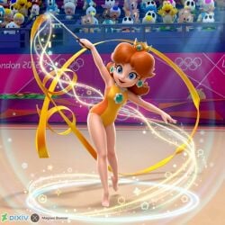 3d ai_generated armpits bare_legs barefoot blue_eyes brown_hair crown dancing feet flipped_hair groin gymnastics legs leotard mario_&_sonic_(series) mario_&_sonic_at_the_london_2012_olympic_games mario_&_sonic_at_the_olympic_games_tokyo_2020 mario_(series) nintendo olympics princess princess_daisy sassy sega tights toes tomboy yellow_leotard yellow_tights
