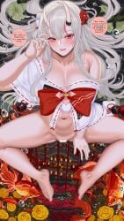 1girl alternate_breast_size_(larger) bar_censor bare_shoulders barefoot blush bow breasts censored cleavage collarbone commentary crescent english_text fangs fish flower full_body goldfish green_flower hair_between_horns hair_flower hair_ornament hanada_yanochi highres hololive horn_ornament horns japanese_clothes large_breasts long_hair looking_at_viewer miko mixed-language_commentary multicolored_hair nakiri_ayame navel oni open_mouth pussy red_bow red_eyes red_flower red_hair skin-covered_horns speech_bubble spider_lily spread_legs virtual_youtuber water_drop white_hair yellow_flower