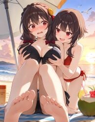 2girls ai_generated beach beach_towel beach_umbrella bikini black_hair blush breast_grab coconut_drink feet foot_fetish hugging hugging_from_behind kono_subarashii_sekai_ni_shukufuku_wo! large_breasts legs megumin parasol playful_smile red_eyes sand sea self_upload sitting small_breasts smile soles sunscreen toes yunyun_(konosuba)