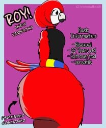 3ermundista16 avian avian_humanoid background beak big_ass big_butt big_thighs bird bird_humanoid black_shirt english english_text evil_container femboy femboy_furry femboy_only fluffy furry furry_femboy furry_male furry_only huge_ass huge_butt macaw oc original original_character red_body red_hair tagme tagme_(character)