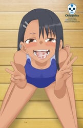 1girls after_oral black_hair blush brown_eyes chilaquiles classroom clothed clothing cum cum_in_mouth cum_inside cute double_v female_focus female_only hayase_nagatoro kneeling long_hair looking_at_viewer open_mouth oral peace_sign please_don't_bully_me,_nagatoro revealing_clothes school schoolgirl simple_background skinny solo spread_legs swimsuit teenager tongue_out v watermark