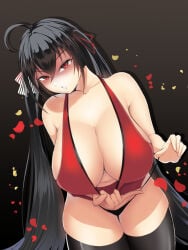 1girls ahoge azur_lane bare_shoulders black_background black_hair black_thighhighs breasts cleavage commentary downblouse enryuu_(rmxs3488) extended_downblouse female highres huge_ahoge huge_breasts long_hair navel no_bra parted_lips red_eyes solo taihou_(azur_lane) thighhighs thighs twintails very_long_hair