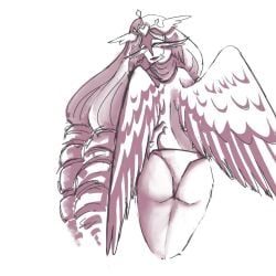 back_view bare_thighs butt cookie_run cookie_run_kingdom curvy drill_hair eternal_sugar_cookie feathered_wings headpiece line_art lingerie listikchaya long_hair monochrome panties sketch thick_thighs tiara wings