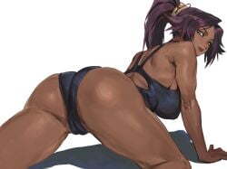 1girl all_fours ass bare_shoulders bleach breasts cameltoe dark-skinned_female dark_skin female_focus hair_ornament hanging_breasts highres large_breasts licking_lips lips long_hair looking_back one-piece_swimsuit parted_bangs ponytail purple_hair shadow shihouin_yoruichi shiny_skin simple_background swimsuit taiyang_yu thighs tongue tongue_out white_background yellow_eyes