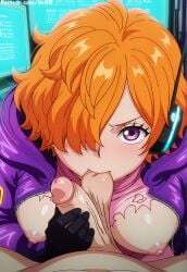 ai_generated breasts_out deik0 hetero indoors jacket jacket_open looking_at_viewer one_eye_covered one_piece oral orange_hair purple_eyes short_hair sucking_balls testicle_sucking torn_bodysuit torn_clothes vegapunk_lilith