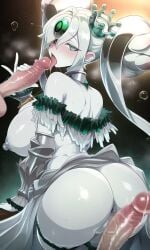 1girl2boys 1girls 2boys1girl ai_generated ass ass_bigger_than_head back_view breasts curvy curvy_figure fat_ass female female_focus female_only heterochromia huge_breasts icejade_aegirine icejade_gymir_aegirine look_behind looking_at_viewer looking_back thick_ass thick_thighs thighhighs thighs white_skin wide_hips wide_thighs yu-gi-oh!