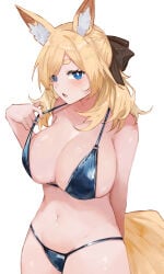 1girl absurdres animal_ear_fluff animal_ears arknights bikini black_bikini blonde_hair blue_eyes breasts collarbone commentary_request highres horse_ears horse_girl horse_tail large_breasts long_hair looking_at_viewer navel open_mouth short_eyebrows simple_background solo stomach swimsuit tail thick_eyebrows whislash_(arknights) white_background