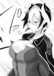 big_breasts bursting_breasts cleavage female female_only made_in_abyss monochrome ozen popped_button short_hair solo two_tone_hair upper_body wardrobe_malfunction yaguchiyuki