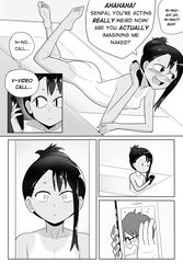 1boy 1girls ass bathroom bathtub black_hair blush breasts clothed clothing comic english_text glasses hayase_nagatoro long_hair monochrome naoto_hachioji_(senpai) nipples nude open_mouth phone please_don't_bully_me,_nagatoro short_hair simple_background small_ass small_breasts smile sweat szmitten tanline tanned text white_background