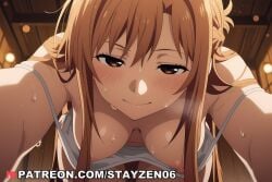 1girl ai ai_art ai_generated asuna_(sao) bare_shoulders blurry blurry_background blush braid breasts brown_eyes brown_hair camisole ceiling ceiling_light closed_mouth downblouse french_braid from_below half-closed_eyes hanging_breasts indoors leaning_forward long_hair looking_at_viewer medium_breasts navel nipple_slip nipples no_bra pov shirt smile solo strap_slip sweat sword_art_online tank_top thigh_gap white_camisole white_shirt white_tank_top wooden_wall