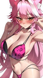1girl animal_ears animal_print bare_shoulders bikini black_choker blush breasts choker cleavage closed_mouth collarbone commentary fingernails hair_intakes highres hololive hololive_english large_breasts leopard_print leopard_print_bikini lessone long_hair looking_at_viewer multicolored_hair nail_polish navel panther_ears panther_girl pink_bikini pink_hair pink_lips pink_nails print_bikini raora_panthera simple_background smile solo stomach streaked_hair swimsuit thighs two-tone_hair virtual_youtuber white_background white_hair yellow_eyes