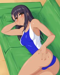 1girls ass big_ass black_hair blush breasts brown_eyes clothed clothing female_focus female_only hayase_nagatoro hi_res kai-too long_hair looking_at_viewer medium_breasts please_don't_bully_me,_nagatoro revealing_clothes simple_background smile solo swimsuit upskirt watermark wide_hips