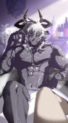 1boy abs ai_manato alchemy_stars animal_ears artist_name bara bathtub chess_piece claws closed_mouth commentary_request completely_nude furry furry_male goat_boy goat_ears goat_horns holding holding_chess_piece horns istvan_(alchemy_stars) king_(chess) looking_at_viewer male_focus muscular muscular_male nude pectorals pov smile twitter_username