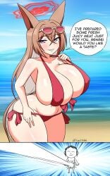 beach big_breasts bikini blue_archive breasts brown_hair fox_ears fox_girl purple_eyes rumi_(blue_archive) soulkibble swimsuit thick_thighs