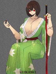 artist_request chara chocolate eating_food female_chara holding_sword kimono large_ass large_breasts solo solo_female solo_focus text undertale undertale_(series) would