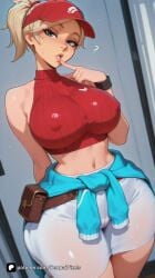 1girl ? ai_generated angela_ziegler arm_behind_back artist_name bare_shoulders blizzard_entertainment blonde_hair blue_eyes breasts clothes_around_waist covered_nipples crop_top curvy finger_to_mouth hat large_breasts lifeguard_mercy looking_at_viewer mercy midriff navel overwatch overwatch_2 parted_lips patreon ponytail questionable red_headwear red_sweater ribbed_sweater see-through senpai_pixels short_hair sleeveless solo sweater sweater_around_waist tan thighs