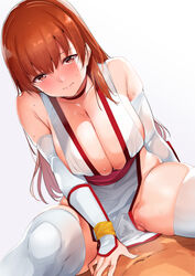 1boy bangs bare_shoulders blush breasts brown_eyes brown_hair choker cleavage clothed_female_nude_male clothed_sex clothing collarbone cowgirl_position dead_or_alive detached_sleeves female highres kasumi_(doa) large_breasts long_hair looking_at_viewer no_bra no_panties no_underwear nude pelvic_curtain pussy_juice_stain sash sex straddling straight thighhighs thighs tomohiro_kai white_legwear